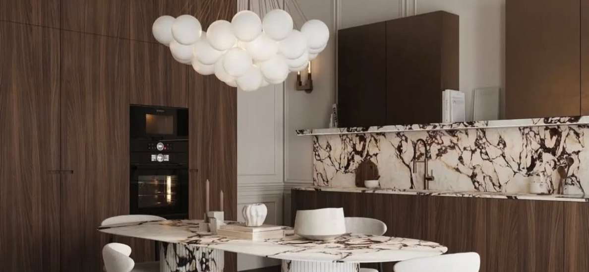 Comedor de Casa Hortaleza con iluminación escultórica