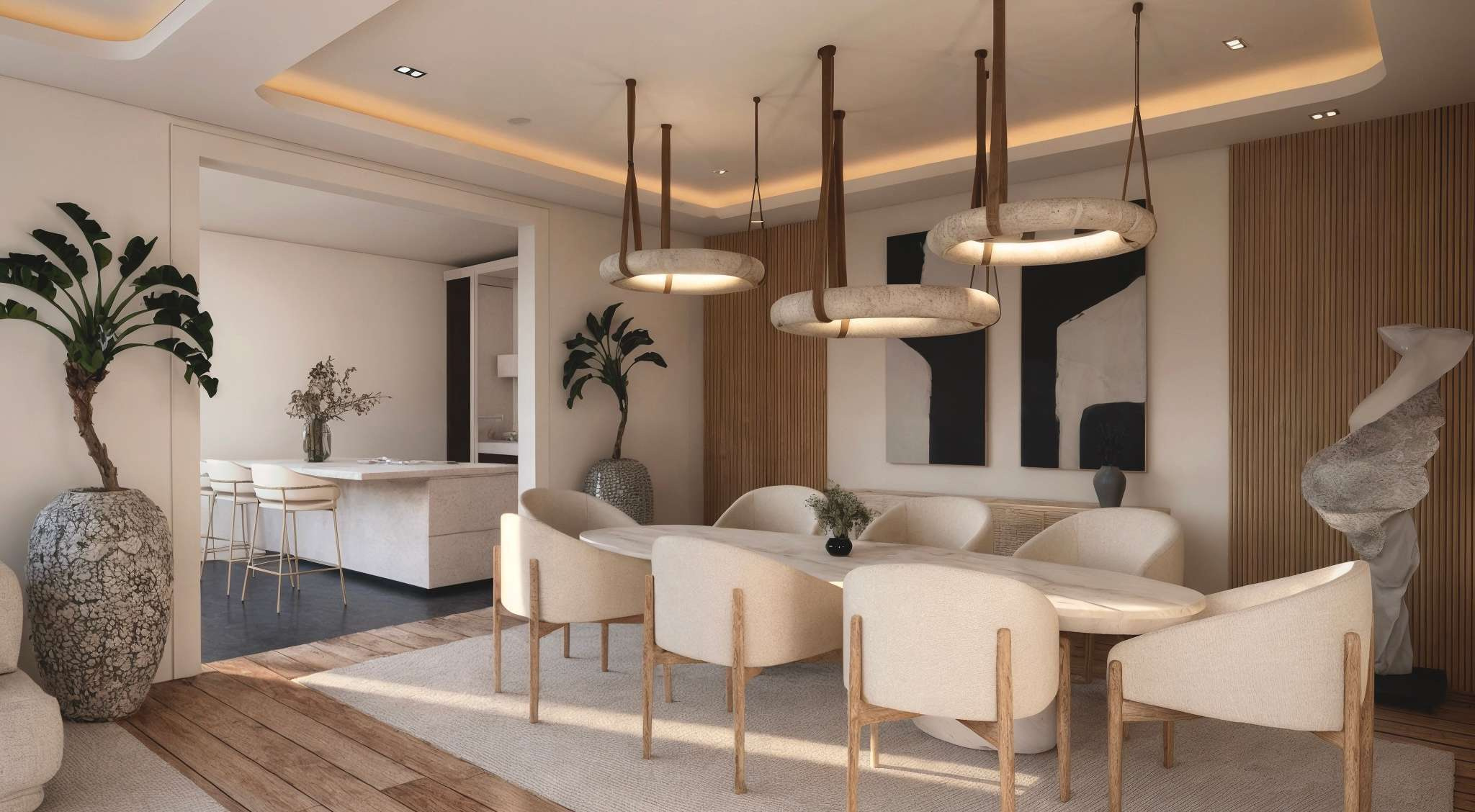 Comedor de Villa Lumiá con luminarias suspendidas · Visualización 3D