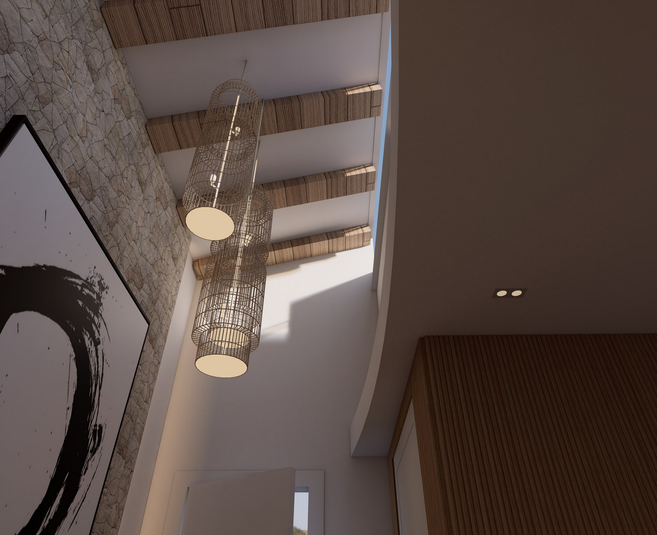 Doble altura con iluminación colgante en Villa Lumiá · Visualización 3D