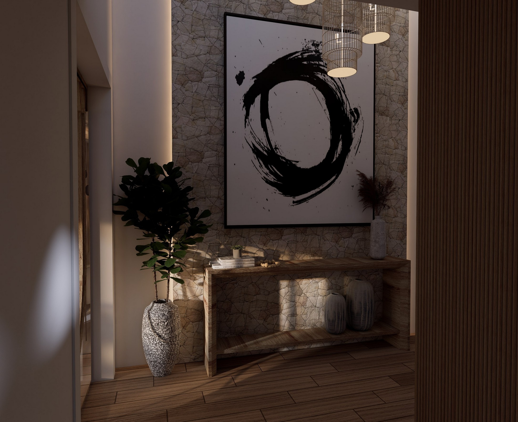 Recibidor con piedra, madera y arte en Villa Lumiá · Visualización 3D