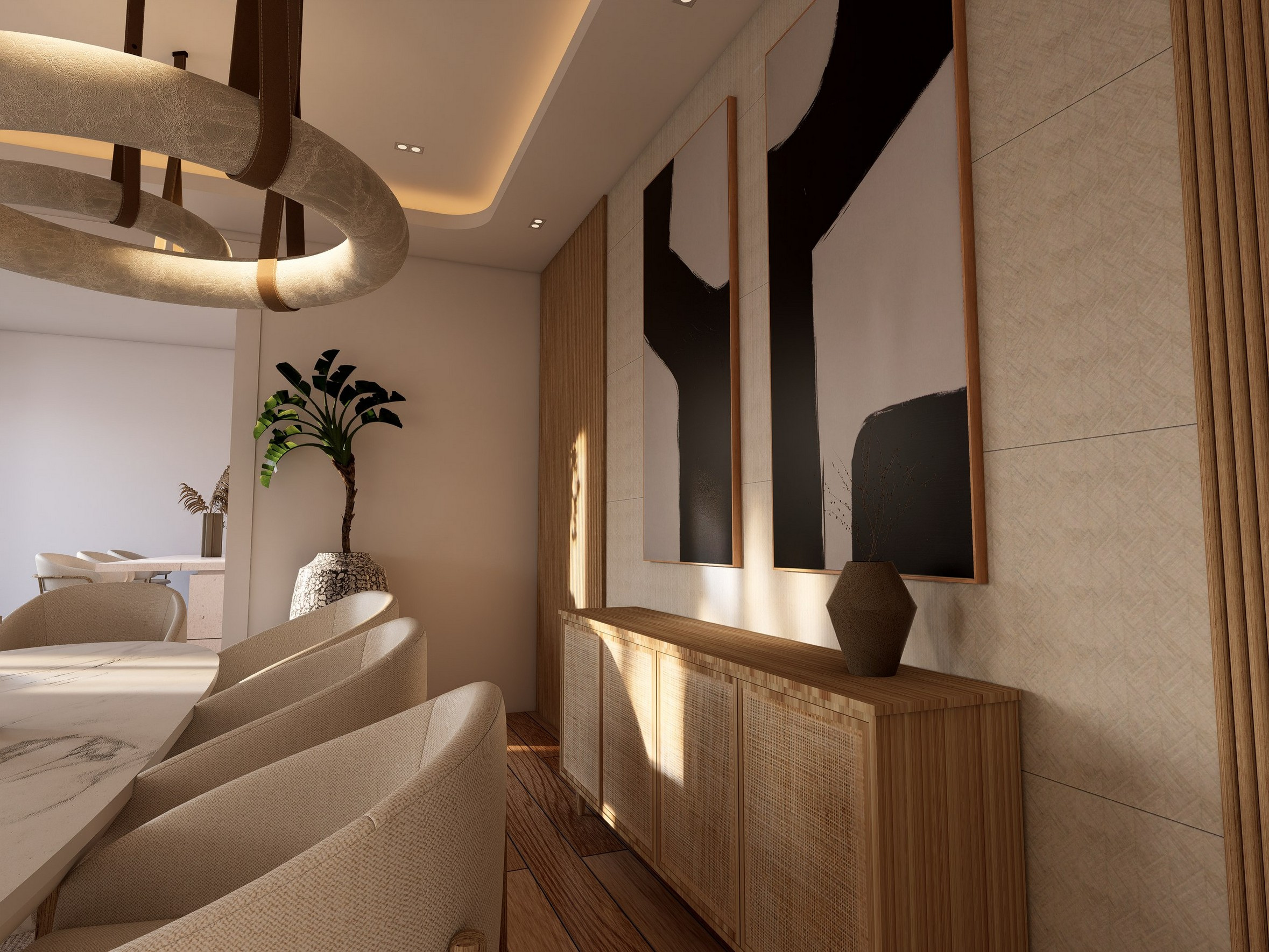 Mueble a medida y luz perimetral en Villa Lumiá · Visualización 3D