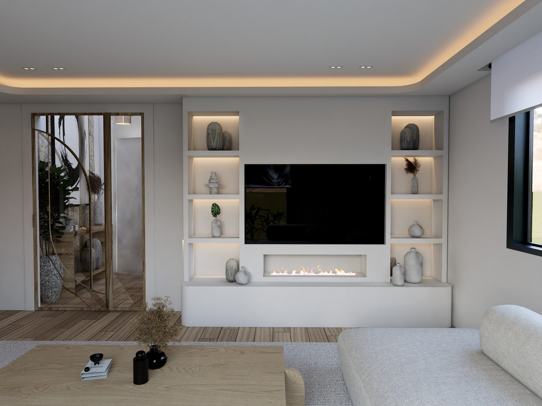 Detalle del estar de Villa Lumiá · Visualización 3D