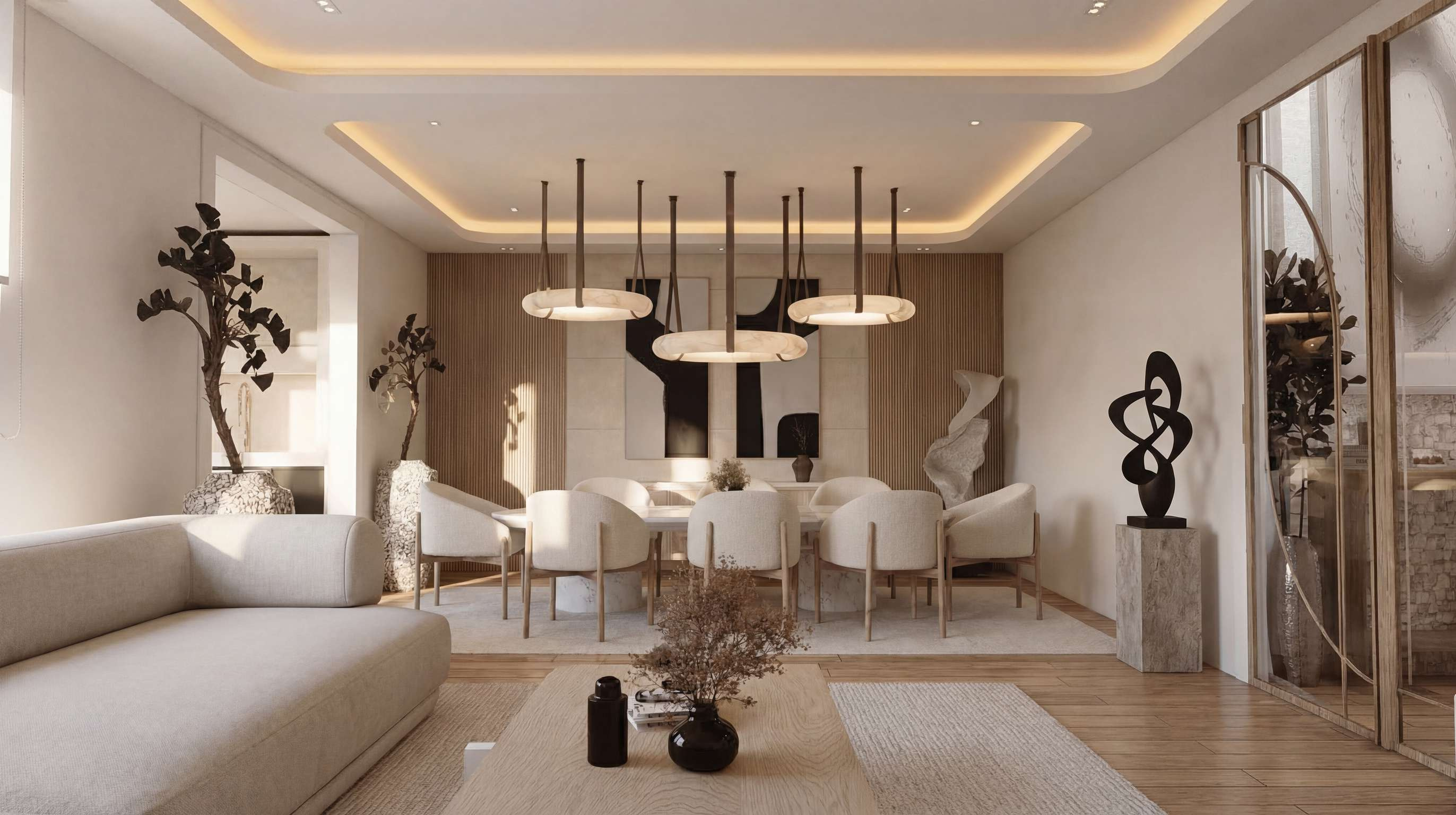 Villa Lumiá: propuesta de salón comedor en roble y tonos claros