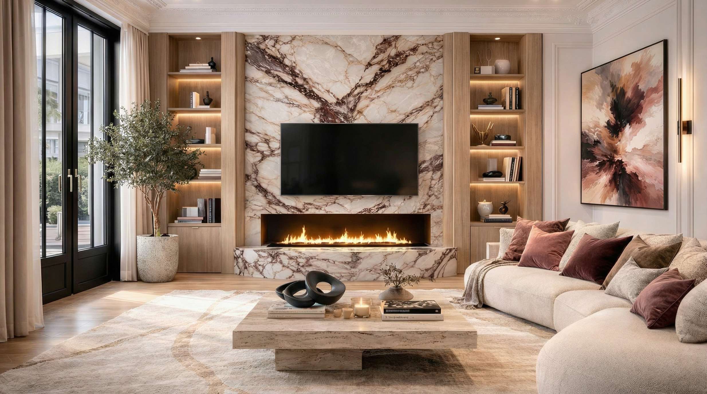 Madrid Penthouse: salón contemporáneo con chimenea y frente de piedra veteada