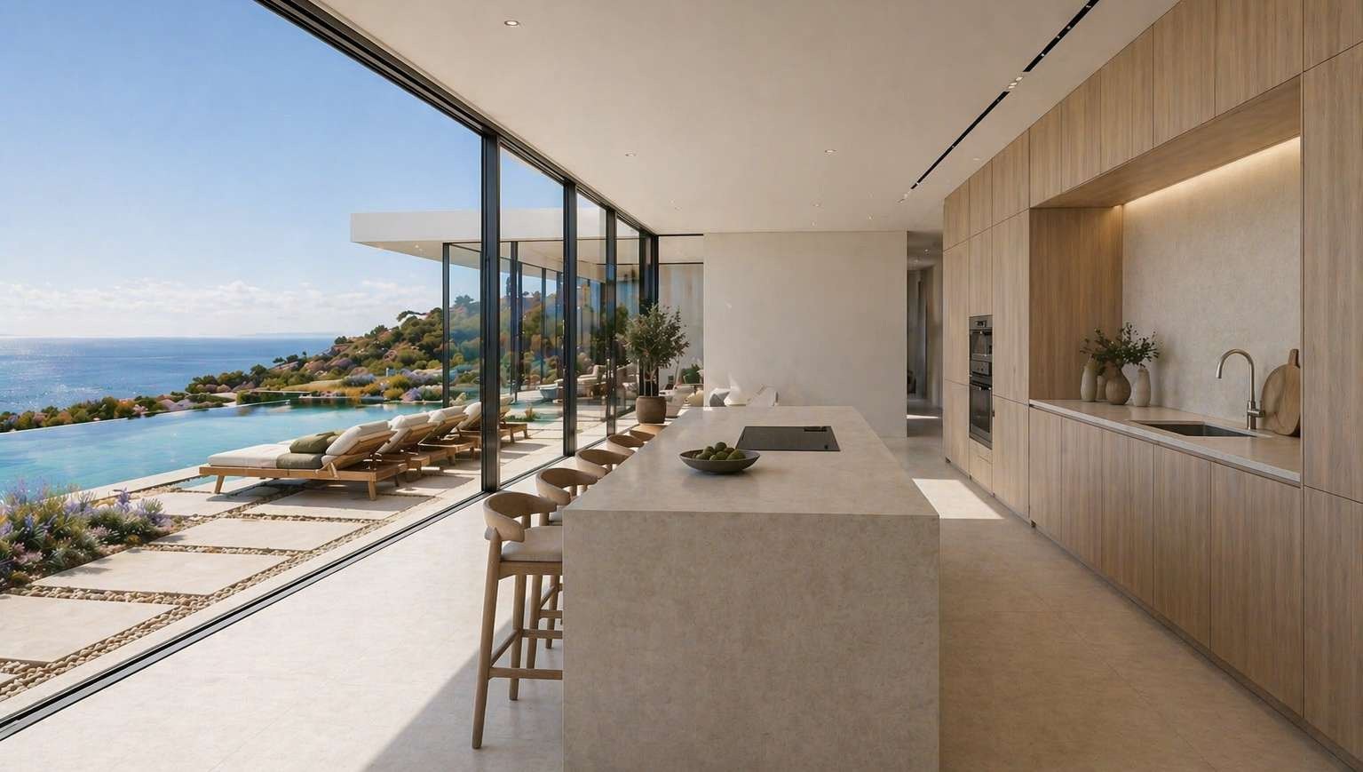 Cocina abierta con isla de piedra y vistas al paisaje · Visualización 3D