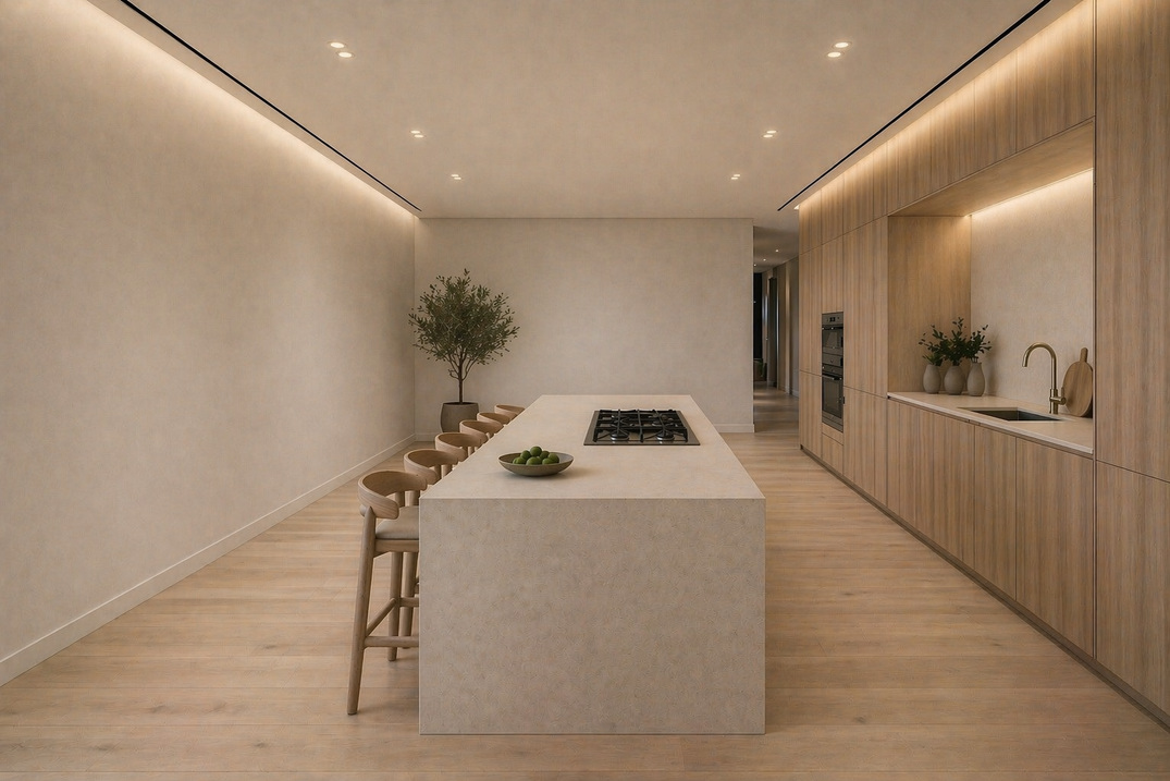 Cocina lineal con isla monolítica e iluminación integrada · Visualización 3D