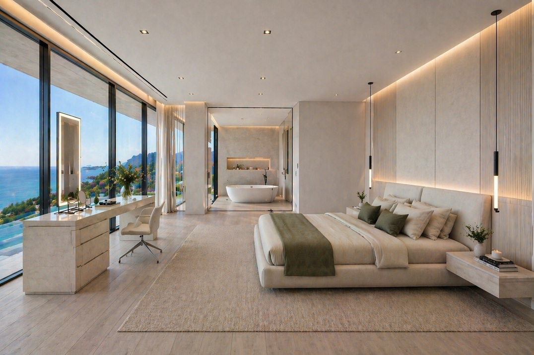 Interior de villa mediterránea conectado con la piscina · Visualización 3D