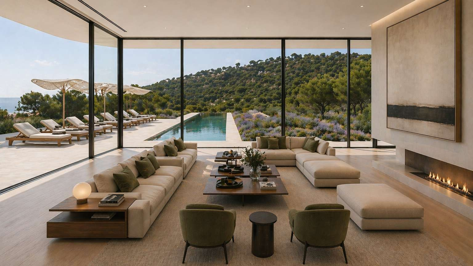 Propuesta 3D de salón mediterráneo abierto a una terraza con piscina