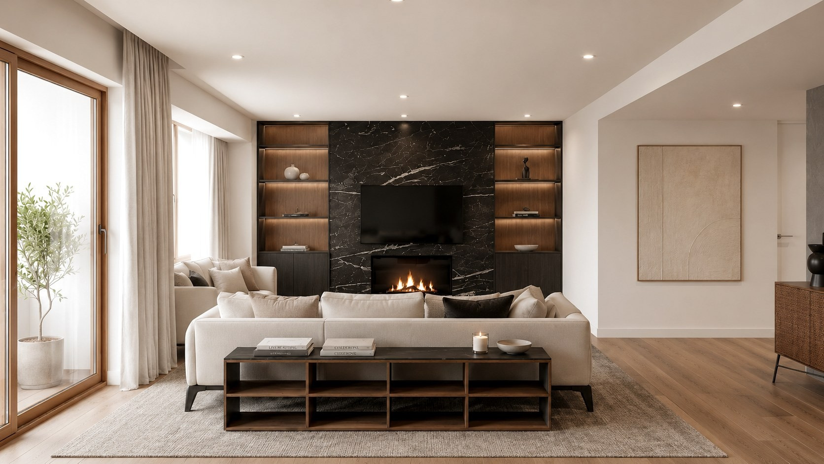 Salón · Piedra oscura y madera · Visualización 3D de Casa Puig